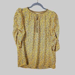 Max Studio Floral Yellow Blue Blouse Tunic Puff 3/4 Sleeve Size  Large